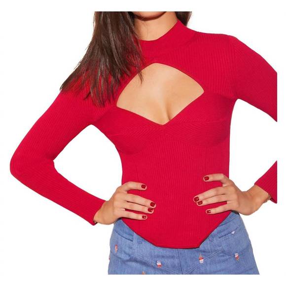 NEW FLEUR DU MAL d√©collet√© rib top in rouge - Picture 3 of 4